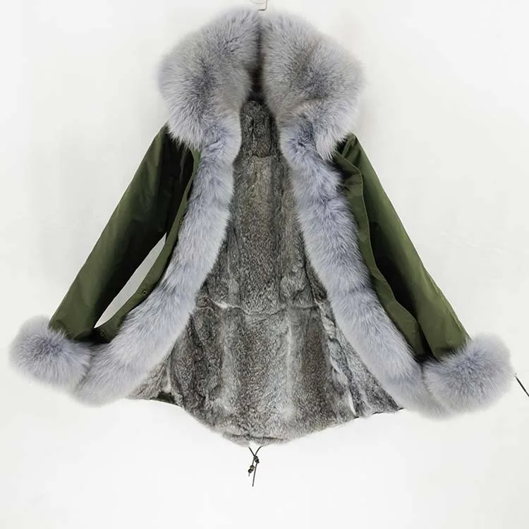 OFTBUY, водонепроницаемая парка, зимняя куртка, Женское пальто с натуральным мехом, большой натуральный мех енота, Воротник из натурального меха кролика, подкладка из толстого теплого меха, Новинка - Цвет: green grey