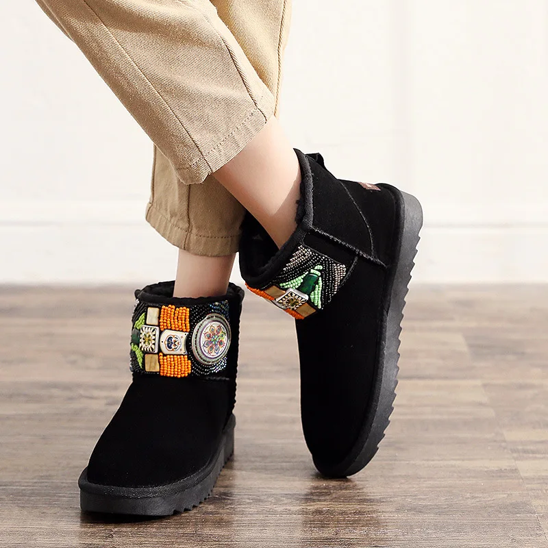 2020 Warm Women Snow Boots Fashion Beaded Ankle Woman Genuine Leather 100% Natural Wool Winter | Обувь