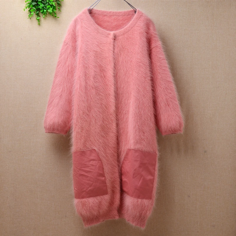 Женская длинная норка розового цвета с кашемиром платье короткими рукавами