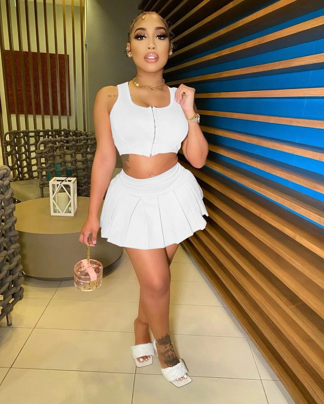 

RStylish 2021 New Arrivals Sexy Solid O Neck Sleeveless Vest Crop Top Pleated Mini Skirts Slim Club Party Two Piece Set Summer