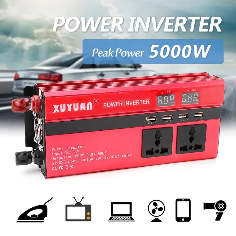 

5000W Solar Power Inverter Sine Wave LED 4 USB DC12/24V To AC110V/220V Convert L9BC