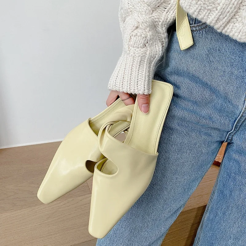 

Square Toe Women Mules 2021 Spring Summer Genuine Leather Fashion Newest High Heels Pumps Elegant Wedding Shoes Woman