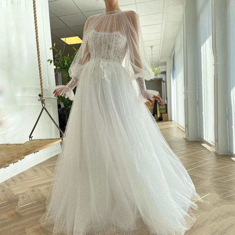 

Jasmine Evening Dress Women New Design Simple O Neck Full Sleeve Tulle Lace Up Back Floor Length Prom Gown