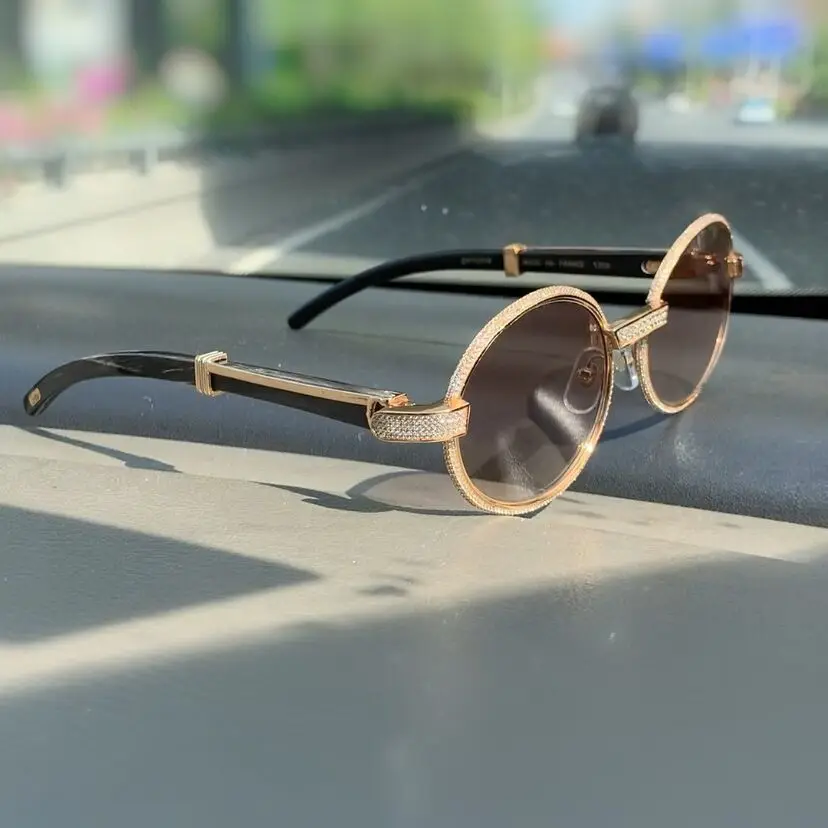 Ретро полными бриллиантами солнцезащитные очки украшение Буффало рога мужские