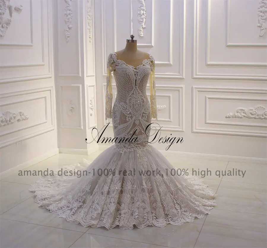 Аманда дизайн vestido de boda длинный рукав кружева Аппликации Шампанское Русалка свадебное платье