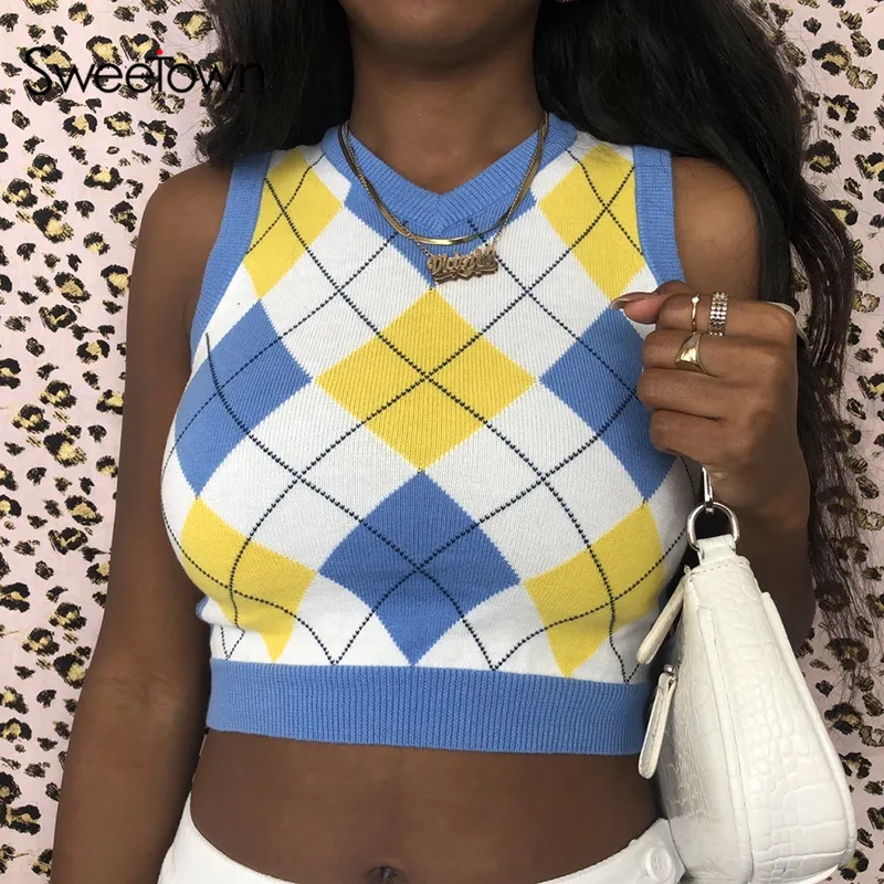 Женский трикотажный жилет в клетку с V образным вырезом|Майки| |