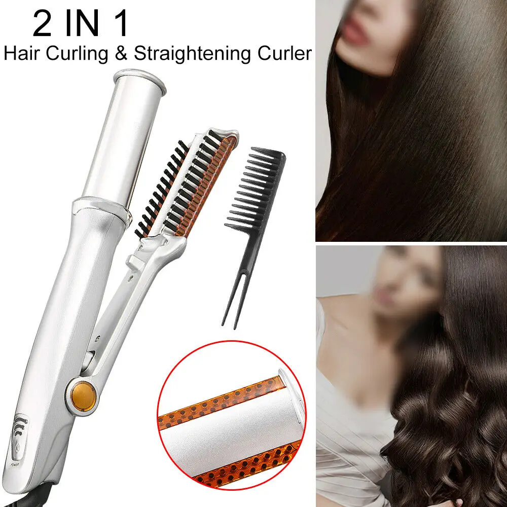

2 in 1 Hair Curler and Straightener Wand Electric Roll Hair Styler Hot Comb Brush Multi Hair Styling Tool Flat Iron Heating New