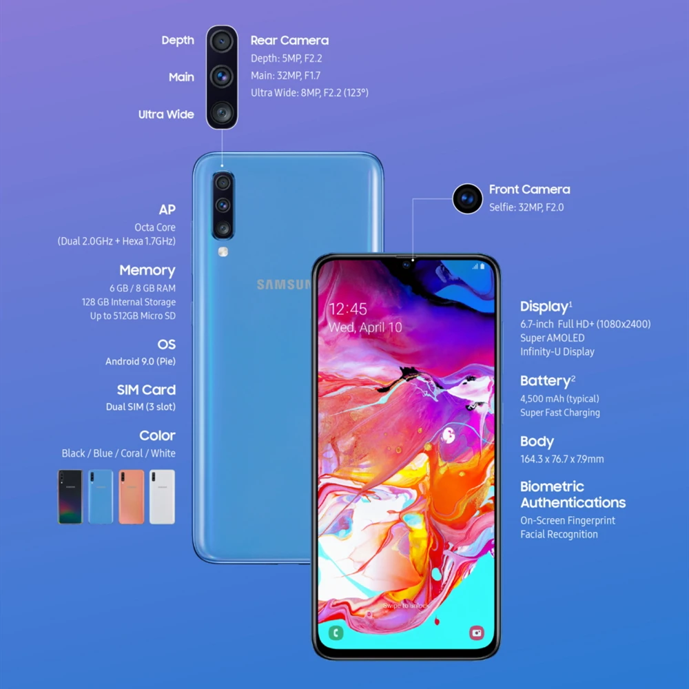 Разблокированный смартфон Samsung Galaxy A70 A7050 телефон с двумя sim-картами диагональ