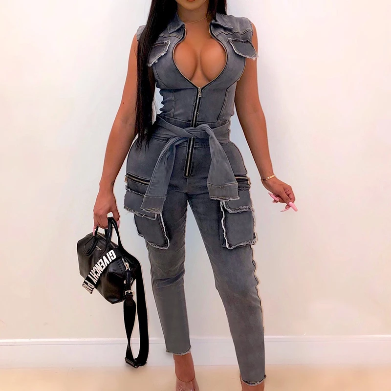 Летний сексуальный женский джинсовый комбинезон большого размера без рукавов на
