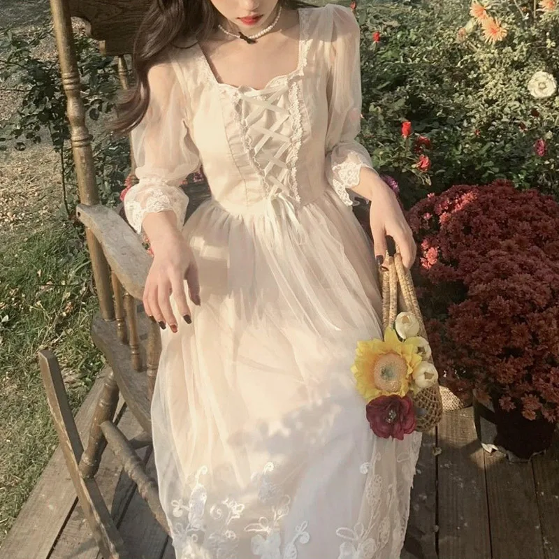 

2021 Summer Lace Sweet Elegant Dress Women Evening Party One Piece Dress Korean Kawaii Short Sleeve Dress Female Square Collar