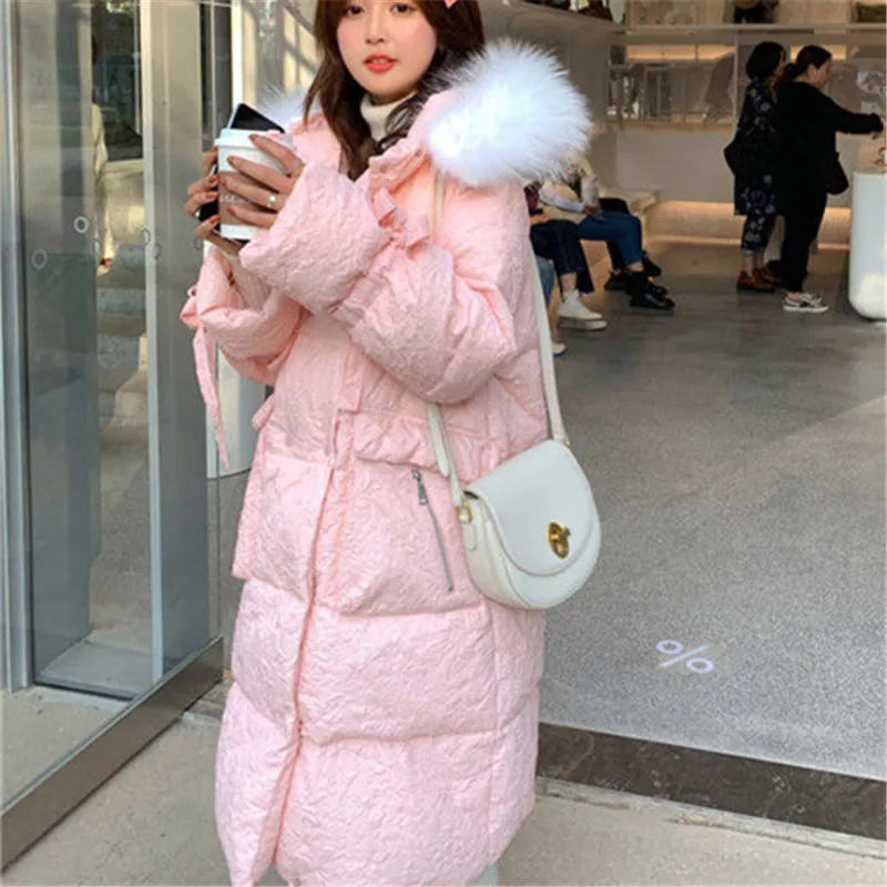 

Winter Parker Coat Women Korean Version Of The Solid Color Hooded Fur Collar Long Overcoat Loose Warm All-match Fashion Jacket