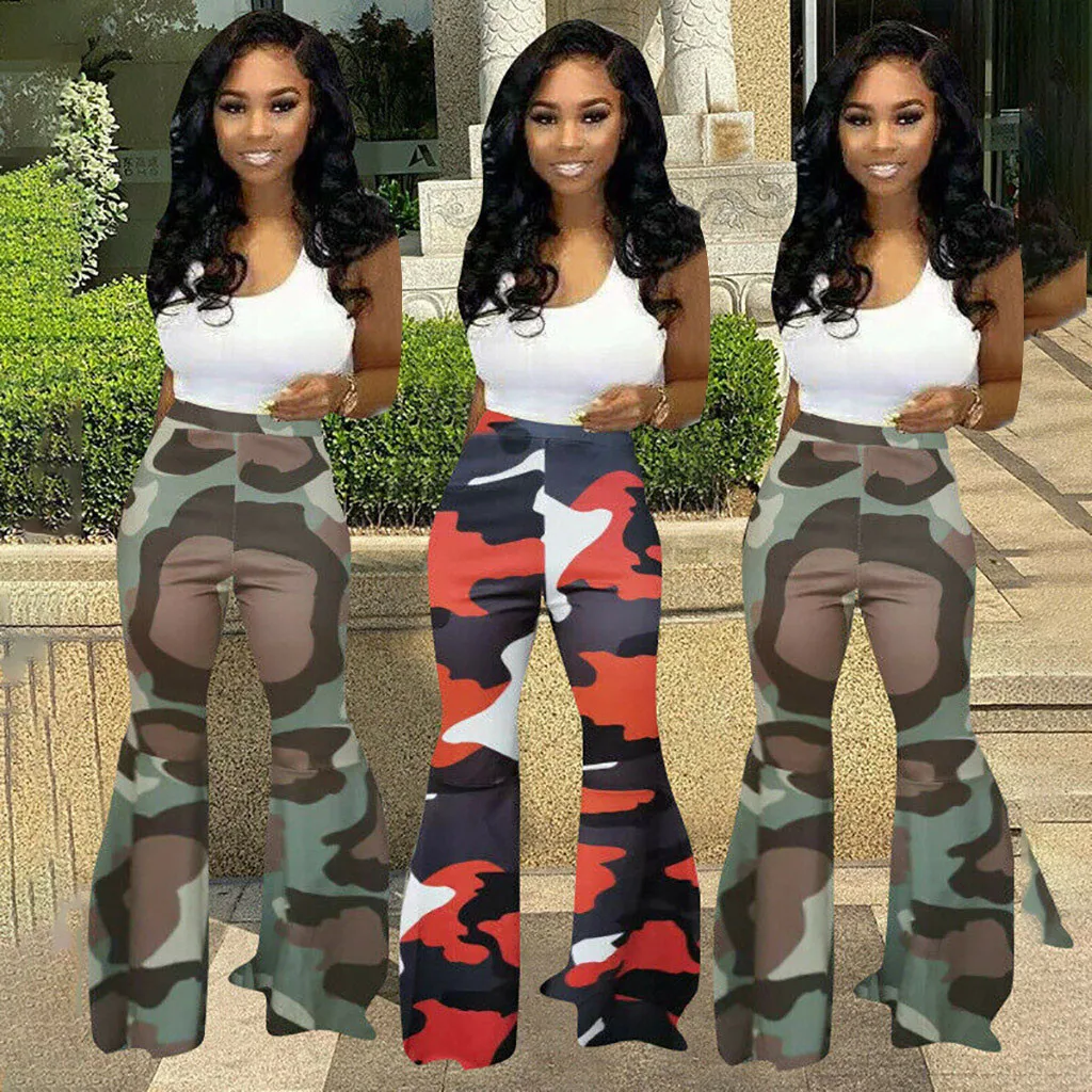 Повседневные расклешенные камуфляжные штаны для женщин с принтом рваные модные