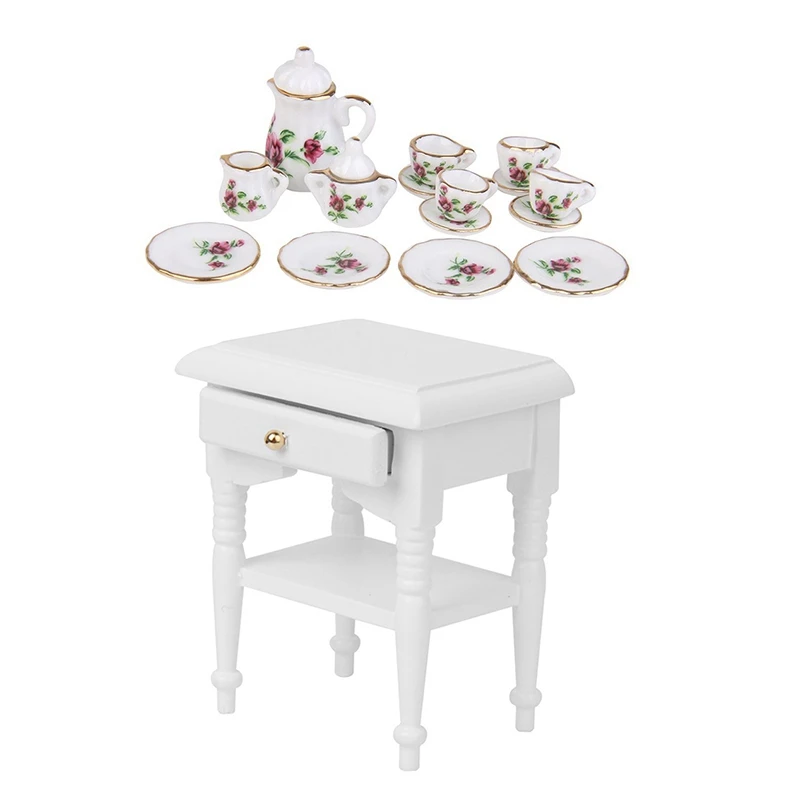 

1 шт. 1/12 Миниатюрные модели кукольного шкафа для кровати из белого дерева и 1 комплект 1/12 Миниатюрный фарфоровый чайный набор тарелка чашка т...