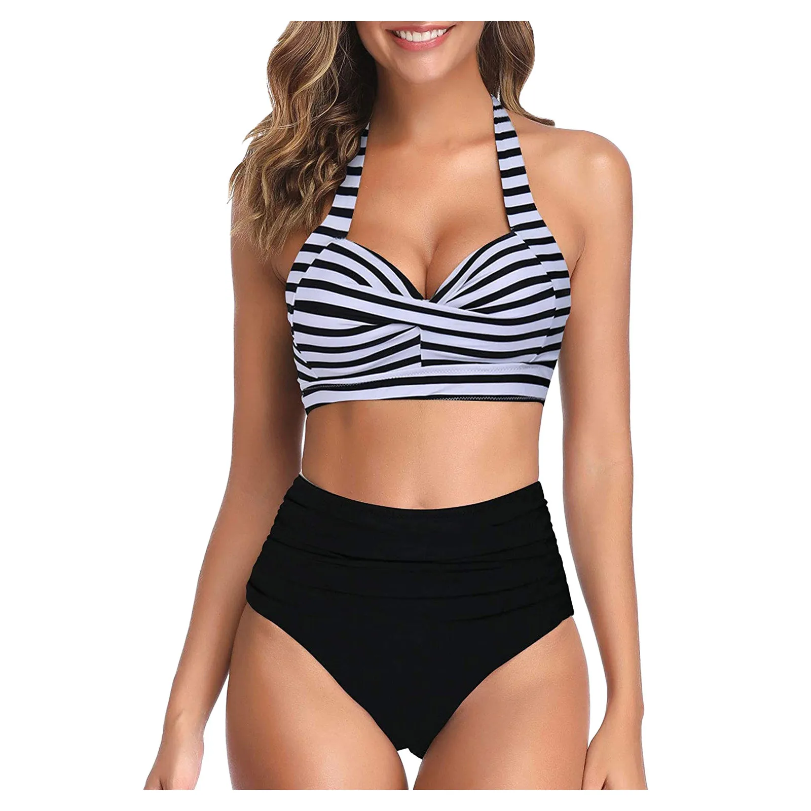 

Women's Push Up Swimwear Halter Bikini Set Sexy High Breast Contrast Gradient Split Bikini Set One Piece Swimsuit Dropshipping
