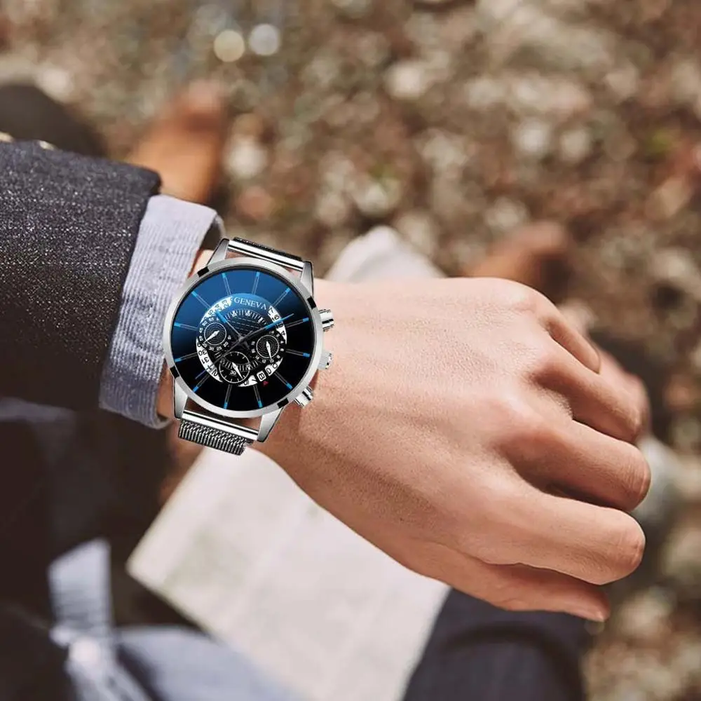 2020 Fashion Mens Business Casual Date Calendar Watches Luxury Blue Stainless Steel Mesh Belt Quartz Watch for Man Clock | Наручные часы