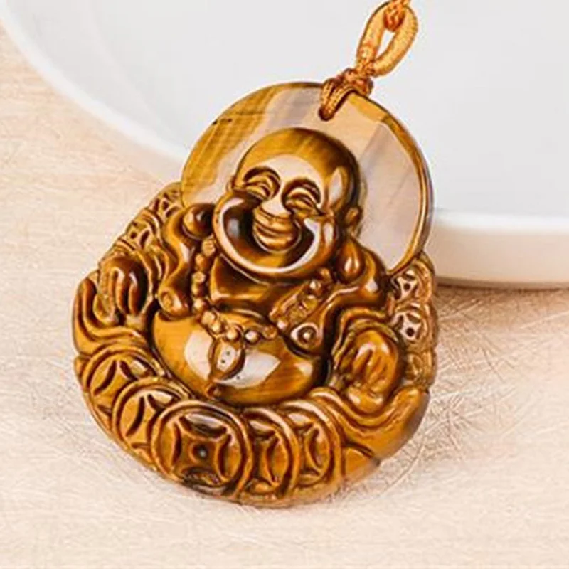 Китайский Натуральный камень тигровый глаз подвеска из смеющегося Будды