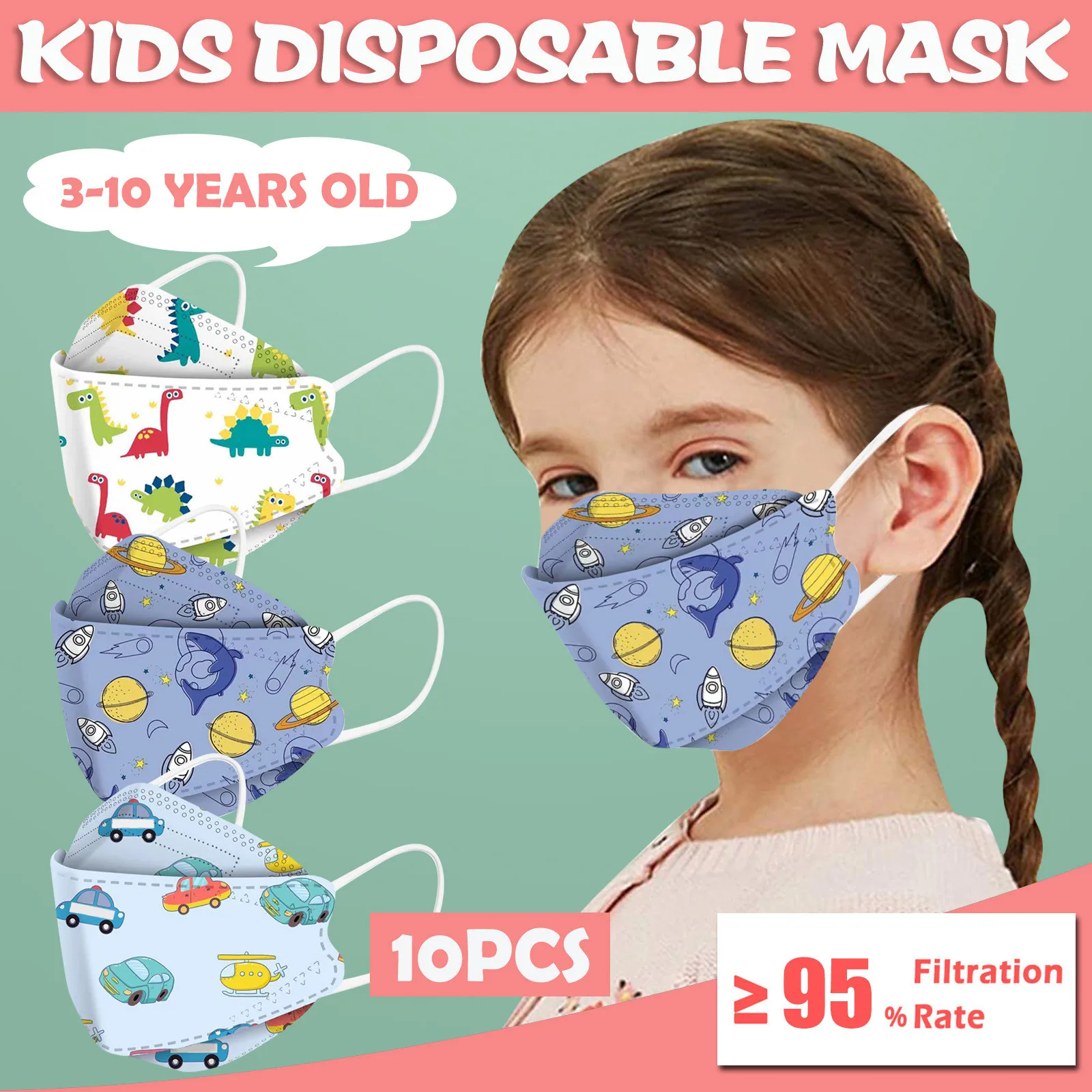 

10PC Child Kids Cartoon Face Masks For Baby Girls 4D Breathable Mouth Mask Cover Children Dinosar Masks 3-8 Years Decoration