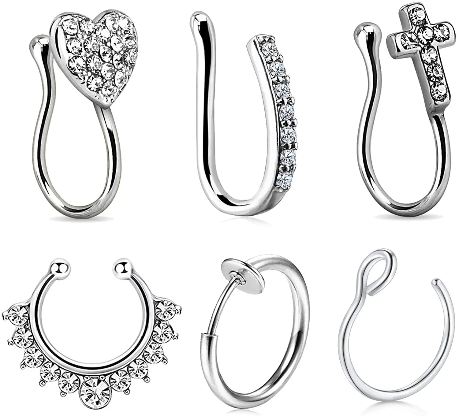 

Fake Nose Rings Stainless Steel Inlaid CZ Faux Piercing Jewelry Spring Clip on Circle Hoop No Pierced Septum Nose Ring