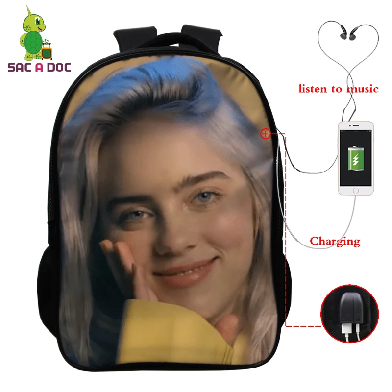 Армейский зеленый Billie Eilish рюкзак, школьные сумки, 16 дюймов, Детские рюкзаки, детский рюкзак для девочек, рюкзак для путешествий, рюкзак с USB зарядкой - Цвет: Армейский зеленый
