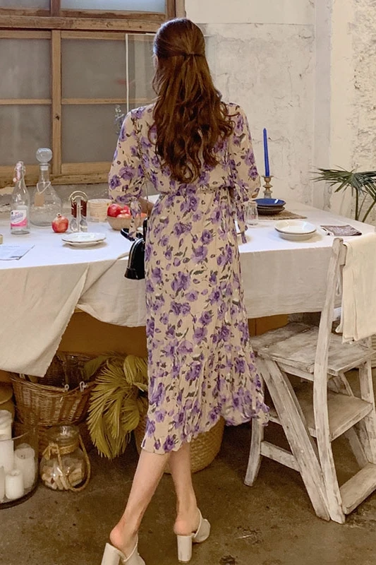 

COIGARSAM Fashion Women dress New Springach Style Floral Print Dresses Purple Flower 6196