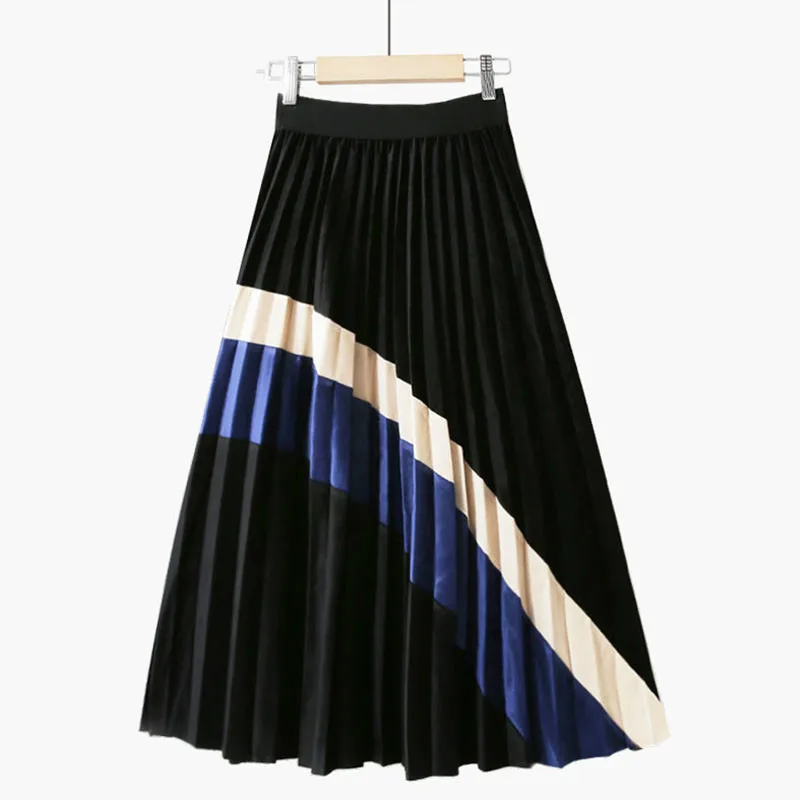 Теплая миди юбка Женская Осень Зима 2019 Лоскутная Корейская высокая талия в