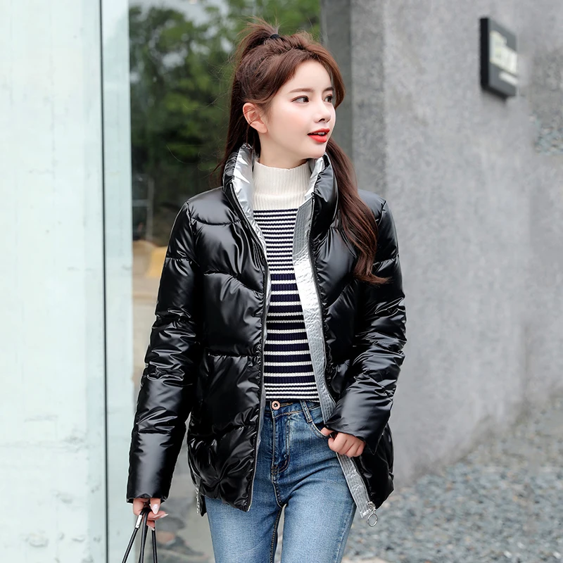 Women's Winter Short Jacket Oversized Thick Casual Parkas Woman Stand Collar Shiny Solid Glossy Plus Size Cotton Overcoat Female | Женская
