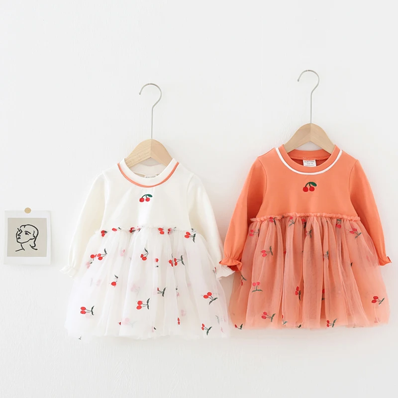 

Brand New Girls Embroidery Cherry Mesh Dress Long Sleeve Girls Princess Sequins Dress Autumn Kids School Dresses for Children