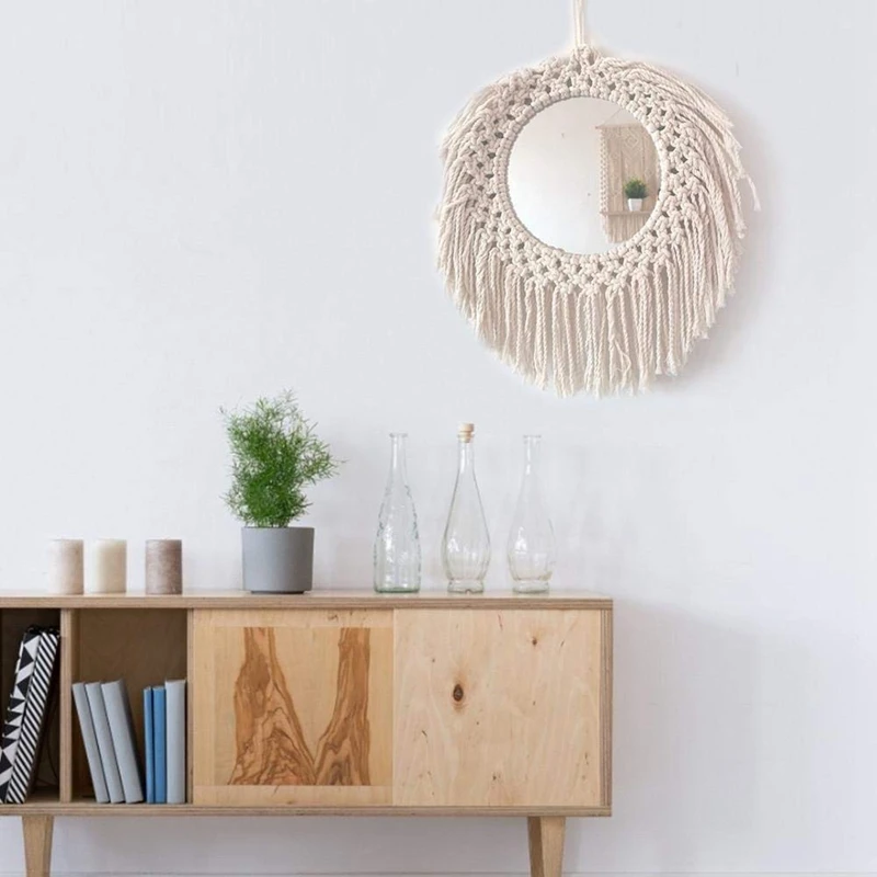 

Hanging Wall Mirror with Macrame Fringe Round Boho Mirror Art Decor Handmade Woven Tassel Vintage Mirror for Home Decor