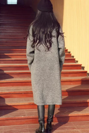 Light Grey Осень зима длинный кардиган женский модный однотонный Свободный вязаный свитер корейский с карманами и v-образным вырезом повседневные топы Джерси Mujer - Цвет: Light Grey