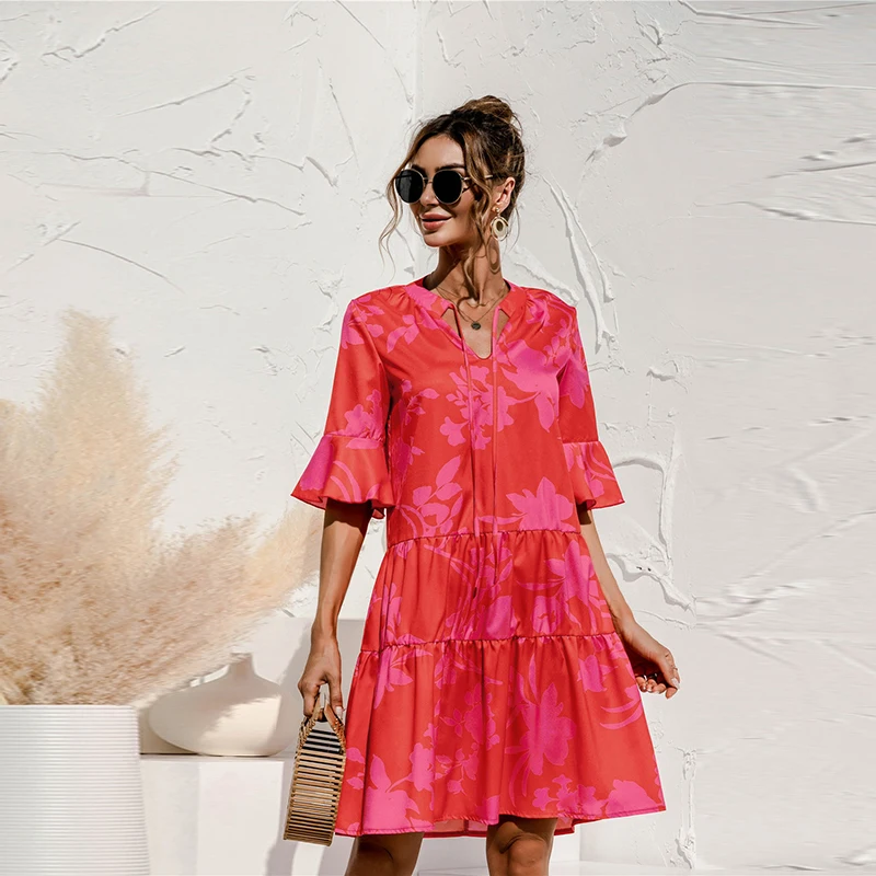 

Платье женское летнее с V-образным вырезом, модное свободное повседневное ТРАПЕЦИЕВИДНОЕ ПЛАТЬЕ-пуловер с леопардовым принтом и цветочным ...