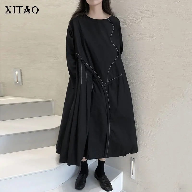 

XITAO New Black Dress Fashion Bright Line Decoration Loose Fashion Casual Long Sleeve Simplicity Large Size Women ZY6594