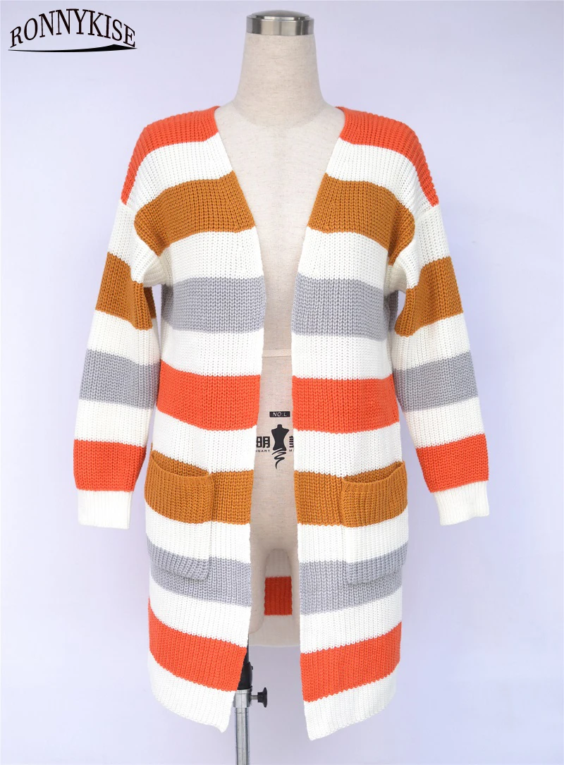 RONNYKUSE Knitwear Striped Patchwok Increase Size Cardigan Women's Fashion Long Sleeve Autumn Winter Warm Loose Sweaters |