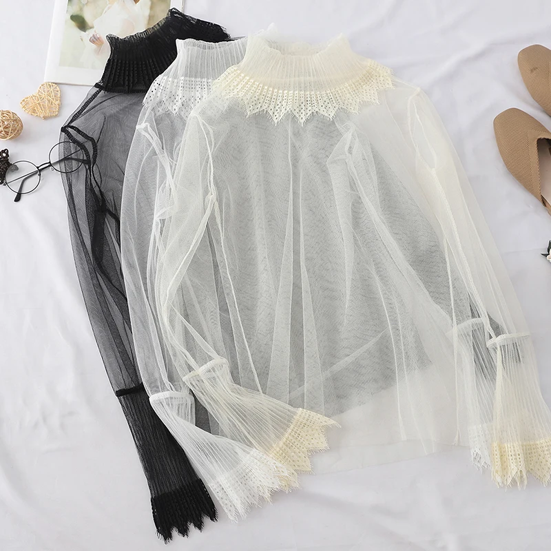 Осенняя Женская Базовая рубашка с воротником стойкой и расклешенными рукавами