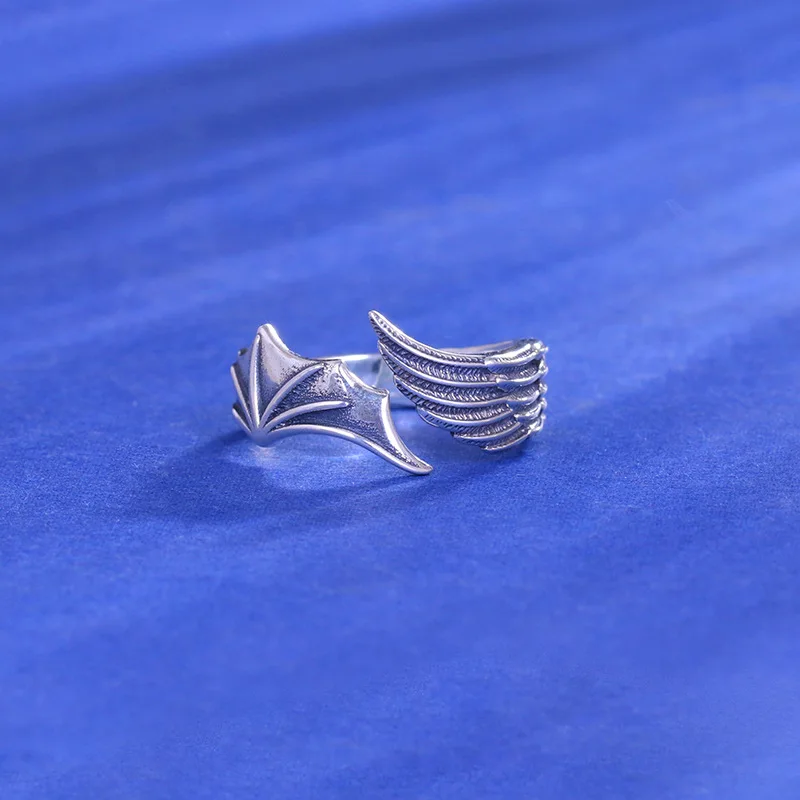 

2021 Fashion Unisex Adjuestable Size Angel and Evil Wing 925 Silver Finger Ring Charm Jewelry Trend Hip Hop Accessories Gift