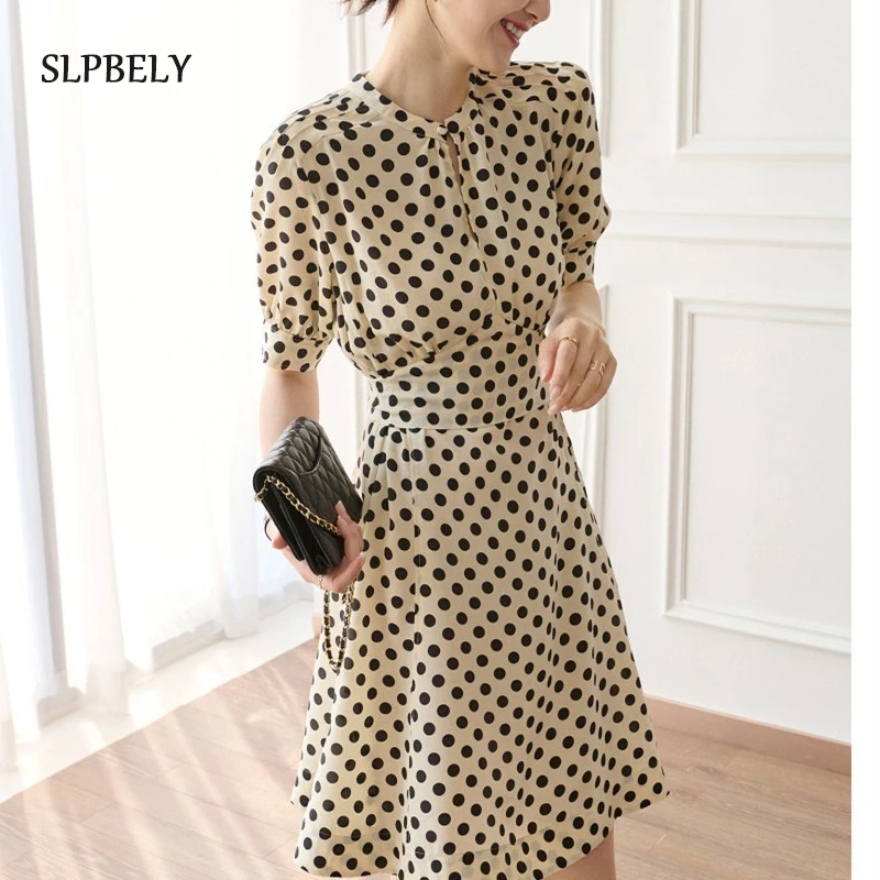 

SLPBELY для женщин в горошек платье в горошек без рукавов с поясом; Летняя французский элегантный короткий рукав вечерние платье миди Женское п...