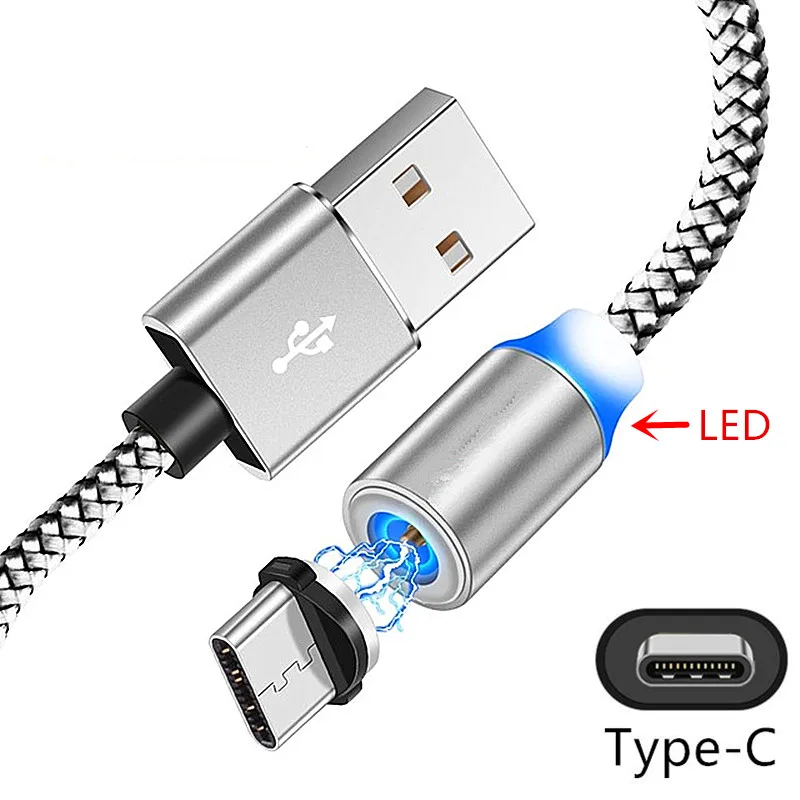 Magnetic USB C LED Cable Charger For Samsung galaxy Feel 2 S8 S9 S10 A50 A20 Honor 20 10 9 Mobile phone for huawei P20 P30 pro