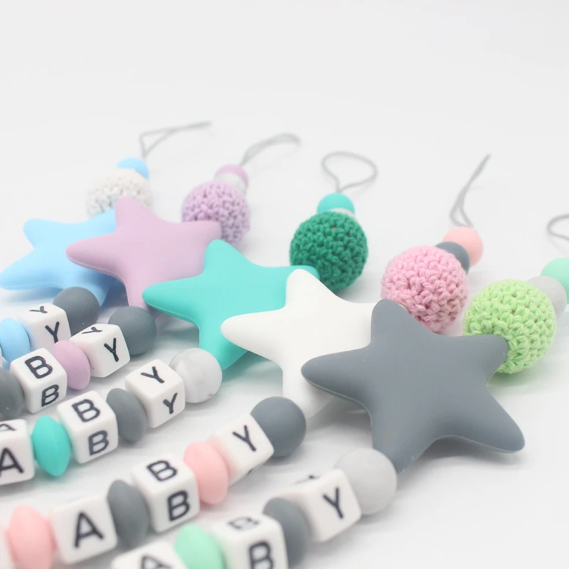 

Handmade Free Personalized Name Silicone Wood Pacifier Clips Safe Teething Chain Baby Teether Eco-friendly Dummy Clips Holder