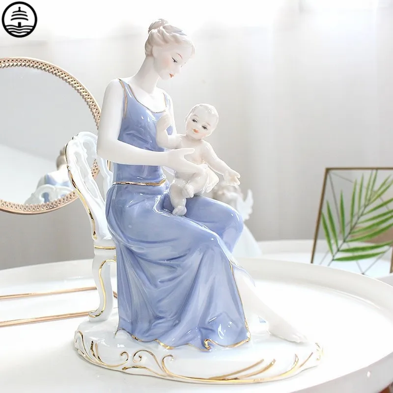 

Ceramics Mother And Son Statue Nordic Woman Sculpture Wedding Gift Decoration Abstract Character Figurine Craft Home Accessories
