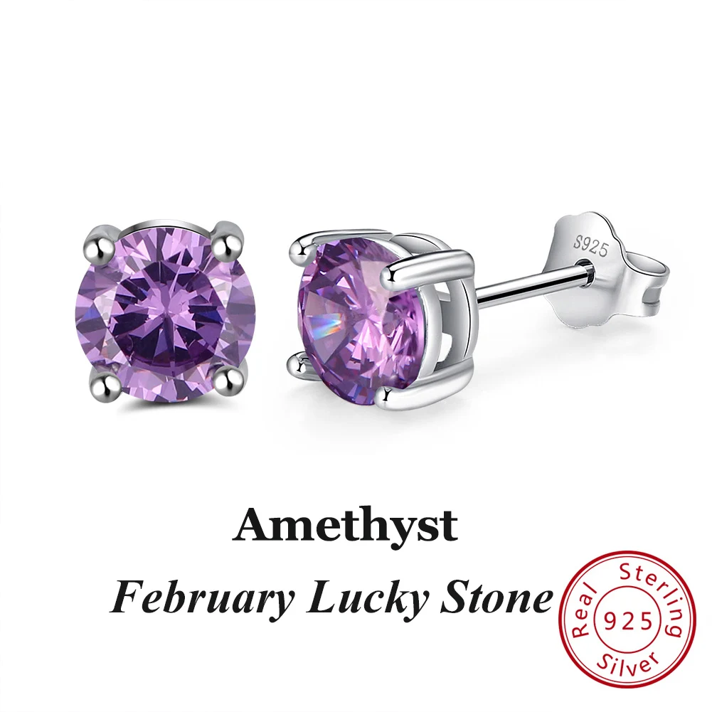 Feb Amethyst ORSA JEWELS, 12 цветов, серьги-гвоздики с камнем по месяцу рождения для женщин, 925 пробы, серебряные серьги с зубцами, Установка AAA кубического циркония, ювелирное изделие SE84 - Цвет камня: Feb Amethyst