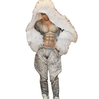 personality men print long pants pole dancing costumes nightclub singer performance stage wear white fur jacket two piece set