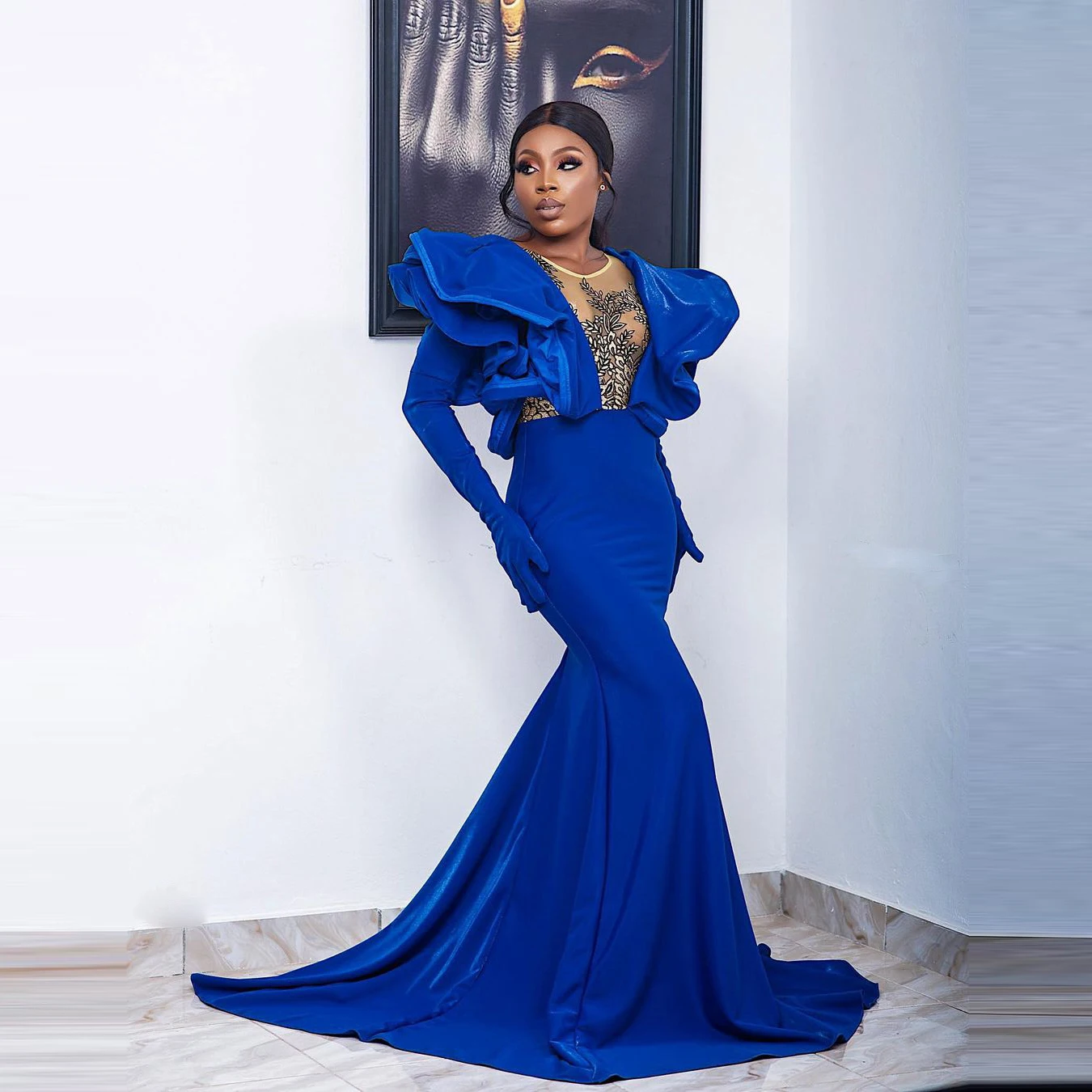 

Blue round neck see-through lace mermaid prom party party dress long sleeve gloves fluffy plus size customization