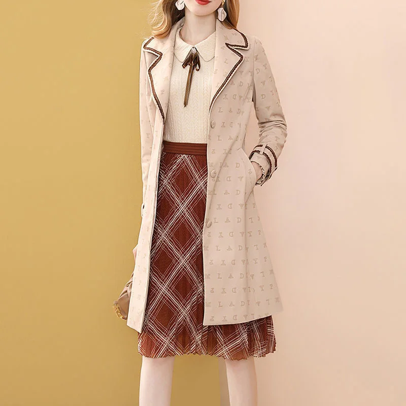 

Only Plus French Printed Long Windbreaker Coat Women Office Lady Floral Single Breasted Duster Trench Coat Winter Fashion