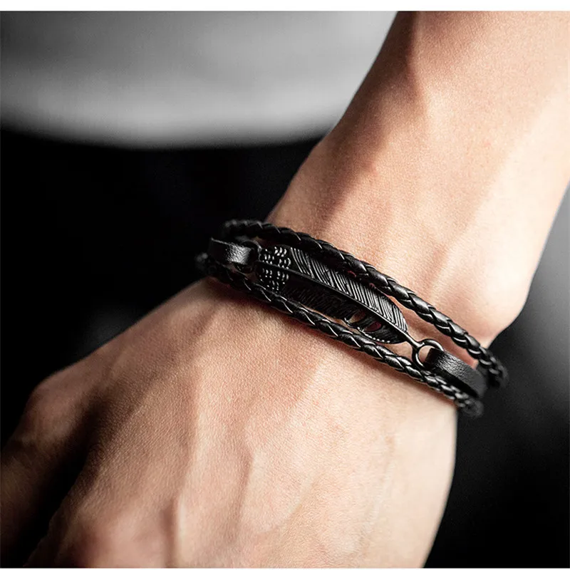Плетеный кожаный браслет с перьями мужской винтажные кожаные браслеты