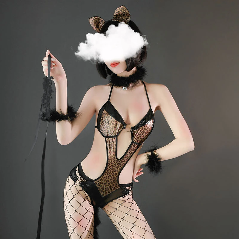 

Leopard Feather Stitching Halter Women Sexy Bodysuits Four-Piece Bandage Hot Erotic Lady Pajamas Sets Backless Women's Nightgown