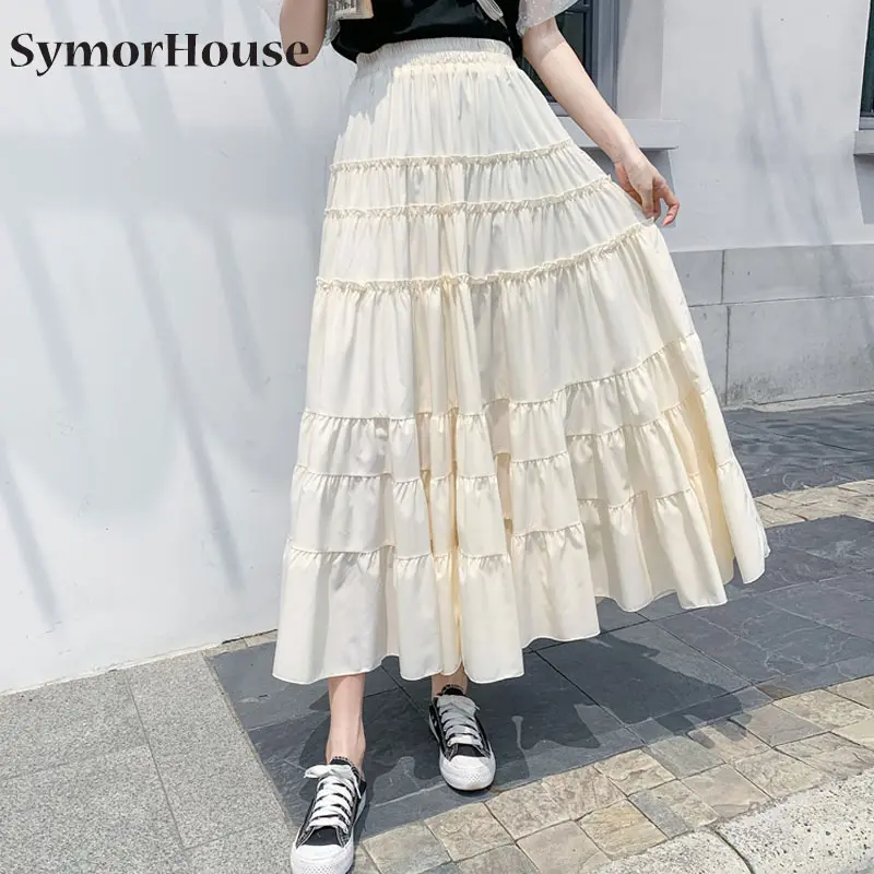 

2021 Long Plus Size Women Skirt Vintage Pleated Patchwork High Waist Gothic Chiffon Skirts Fashion Korean Saias Midi Faldas