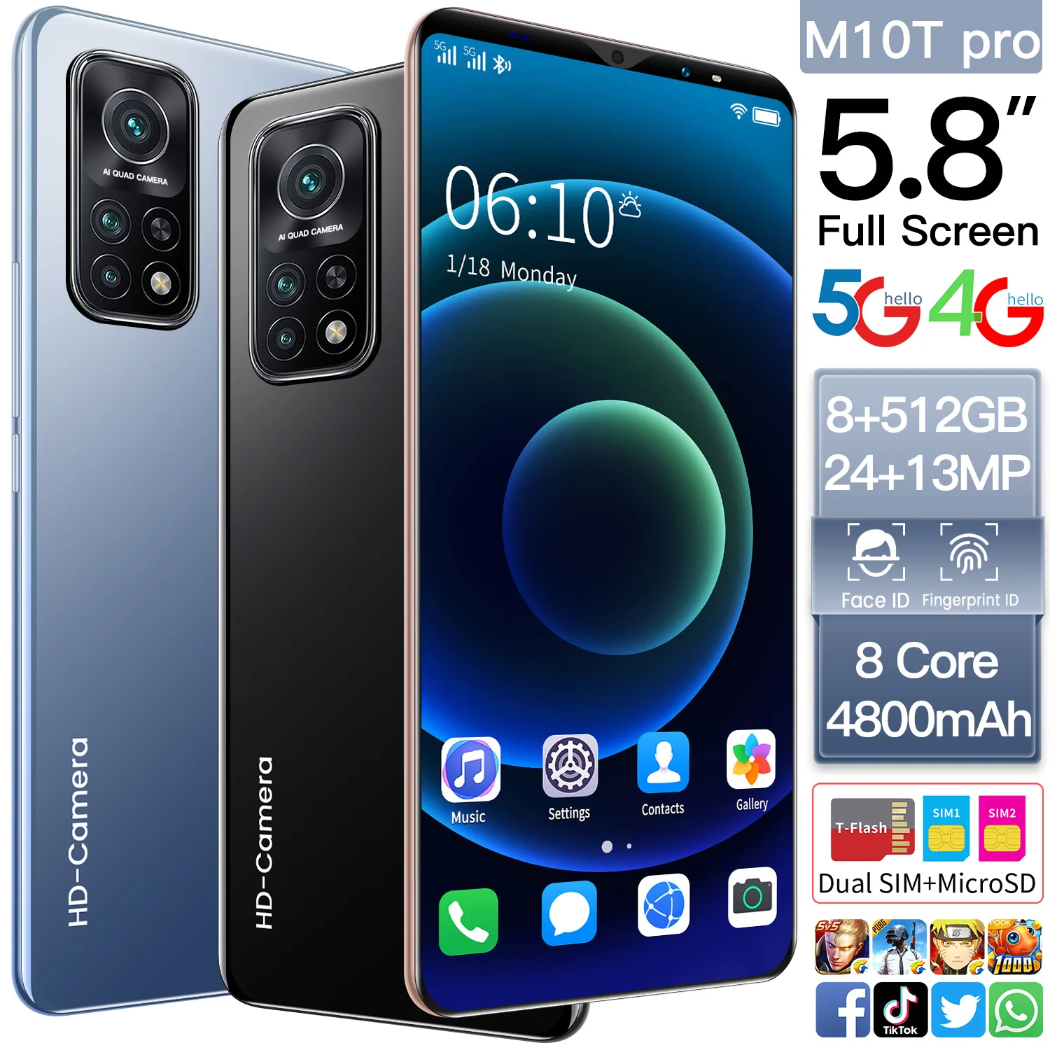

Android Phone M10T Pro 5.8 Inch Smartphone 8G+512G 4800mAh Mobile Phone Support Google GPS WiFi Global Unlock 5G Cellphone
