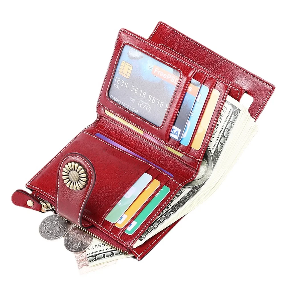Women Leather Wallets Short Luxury Oil Wax Leather 2022 New Coin Purse Fashion Buckle Zipper Multifunctional  Ladies Card Holder