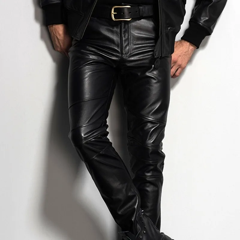 Мужские прямые байкерские брюки из натуральной коровьей кожи зауженные большого