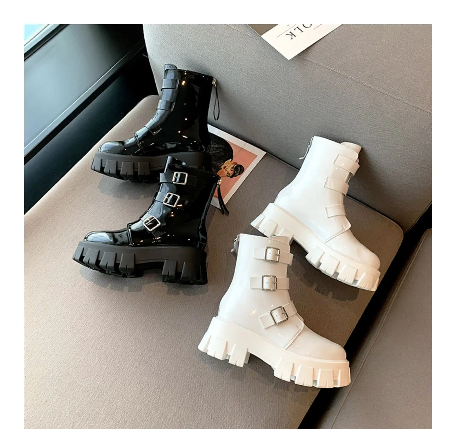 

Handsome Buckle Strap Rear Zipper Martin Boots British Style All-match Thick-soled Round Toe Platform Motorcycle Boots Woman New