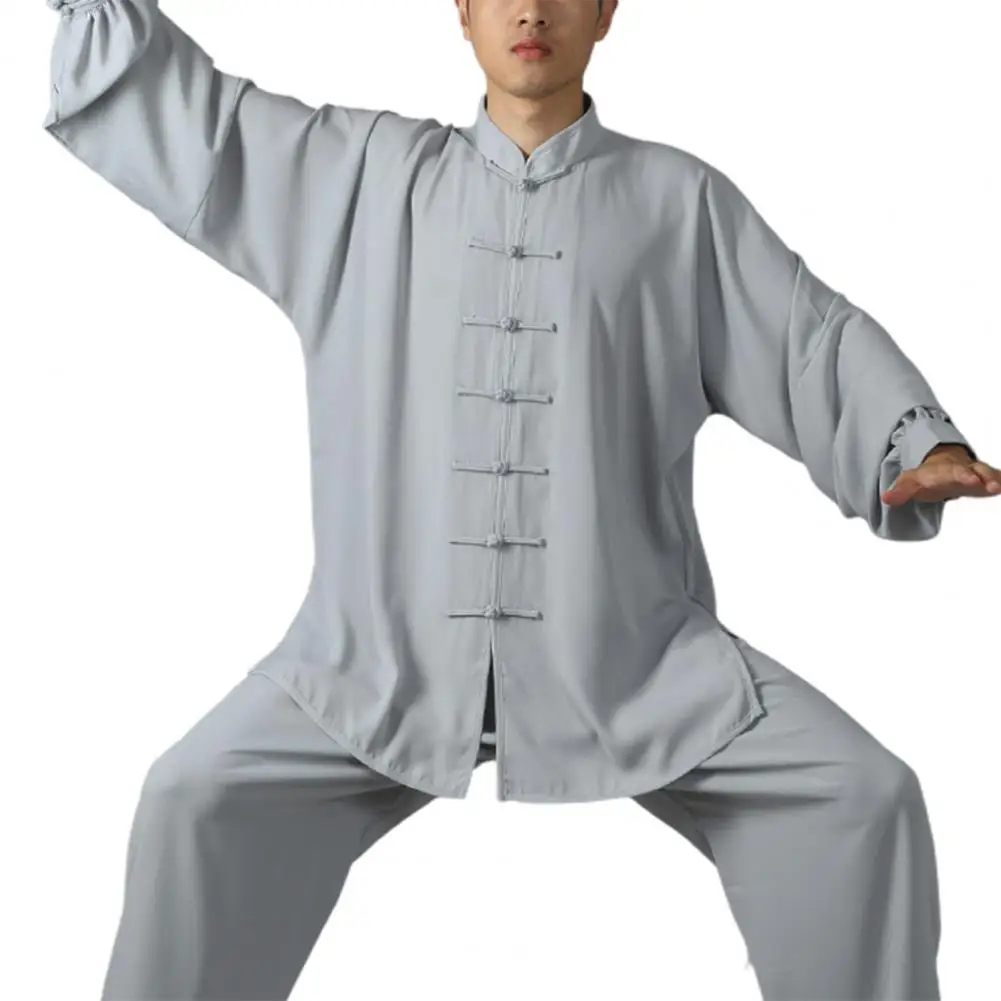 

Chinese Traditional Tai Chi Suit Kung Fu Wear 2Pcs/Set Unisex Button Placket Shirt Loose Solid Color